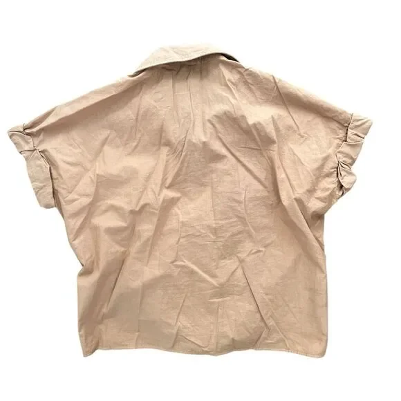 Stateside Voile Short Sleeve Front Twist Button Up Shirt Size Small Neutral Tan - Picture 4 of 6